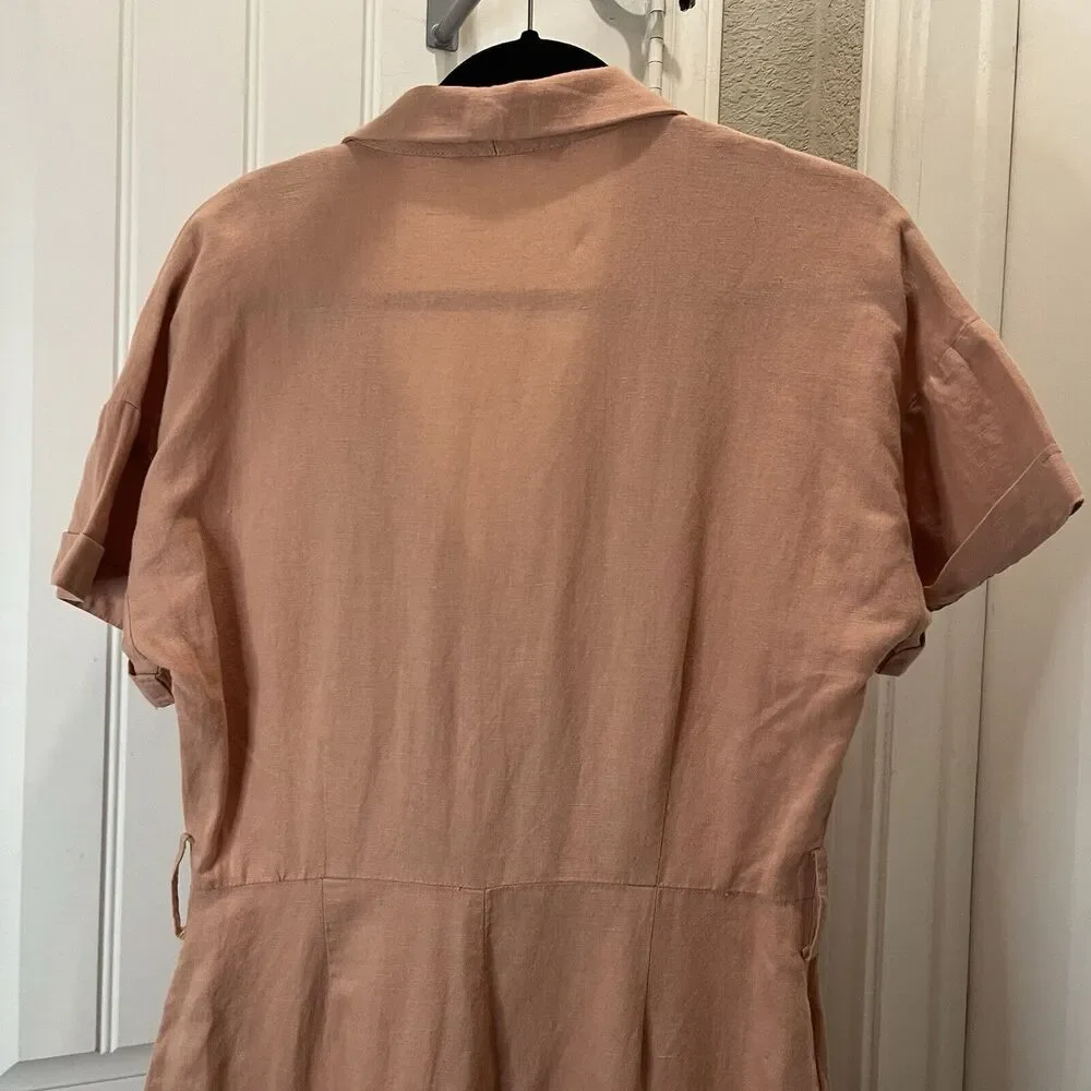 Zara Light Pink Linen Blend Collared Snap Button Jumpsuit Jumper Coverall Size M